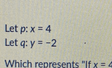 Let P: X = 4 Let Q: Y = −2 Which Represents if X = 4, Then Y = −2”?